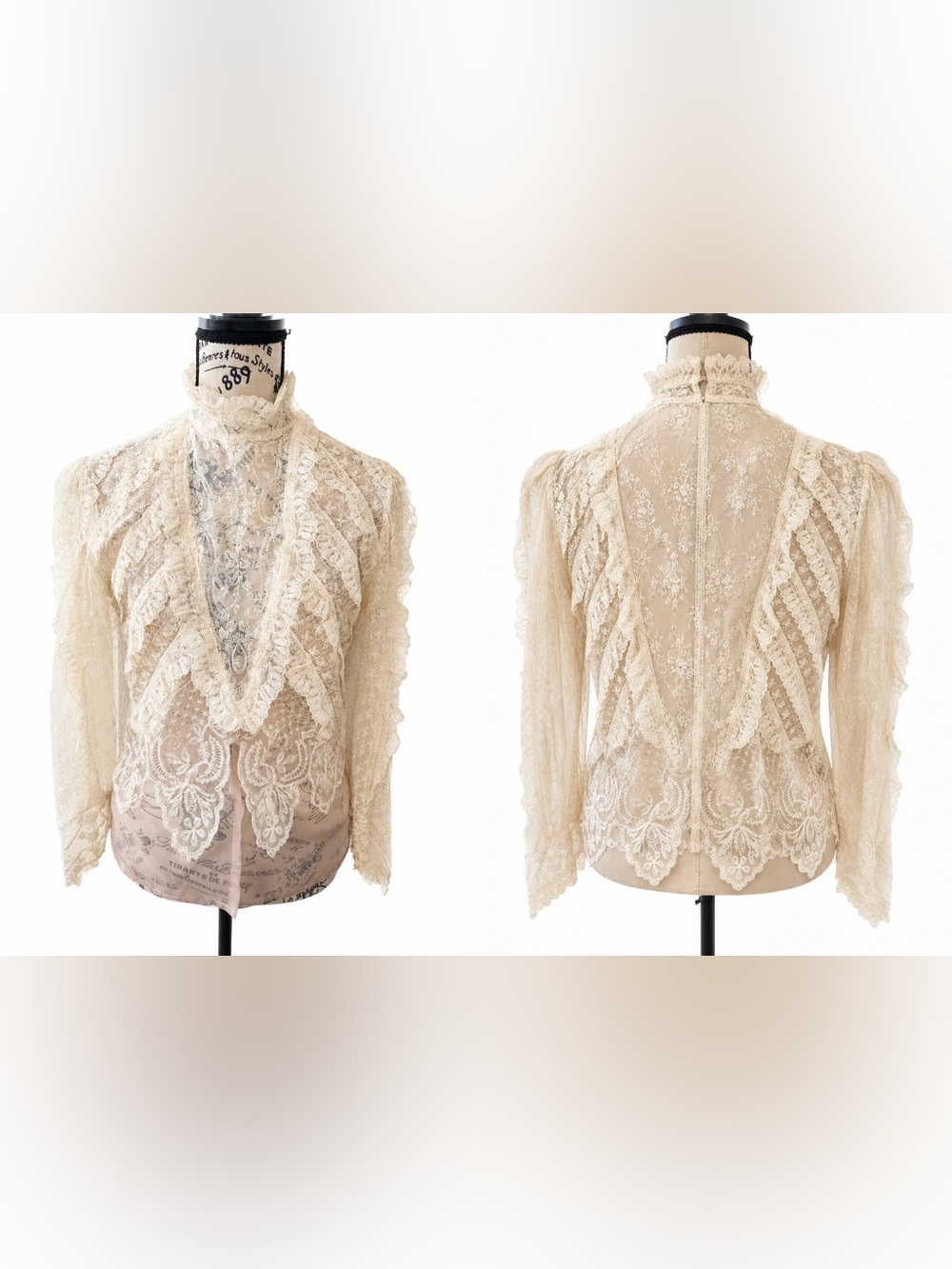 Vintage Benton Ltd Ivory Lace Sheer Ruffle Blouse Jacket Size 8 Romantic Cottage